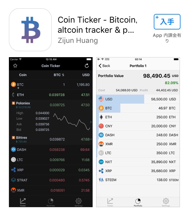仮想通貨ポートフォリオ管理アプリ「CoinTicker」紹介